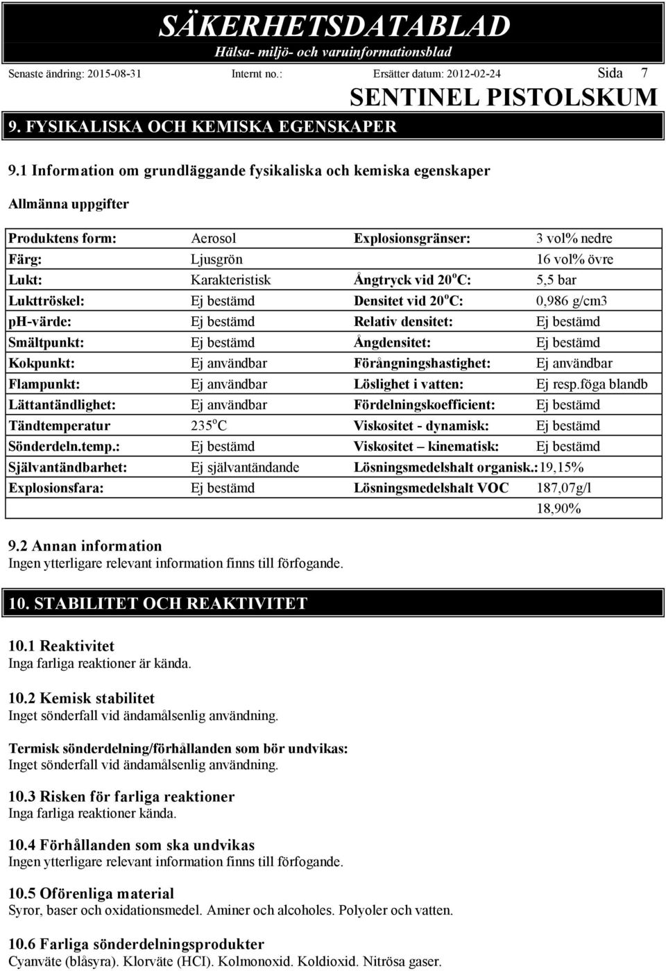 vid 20 o C: 5,5 bar Lukttröskel: Ej bestämd Densitet vid 20 o C: 0,986 g/cm3 ph-värde: Ej bestämd Relativ densitet: Ej bestämd Smältpunkt: Ej bestämd Ångdensitet: Ej bestämd Kokpunkt: Ej användbar