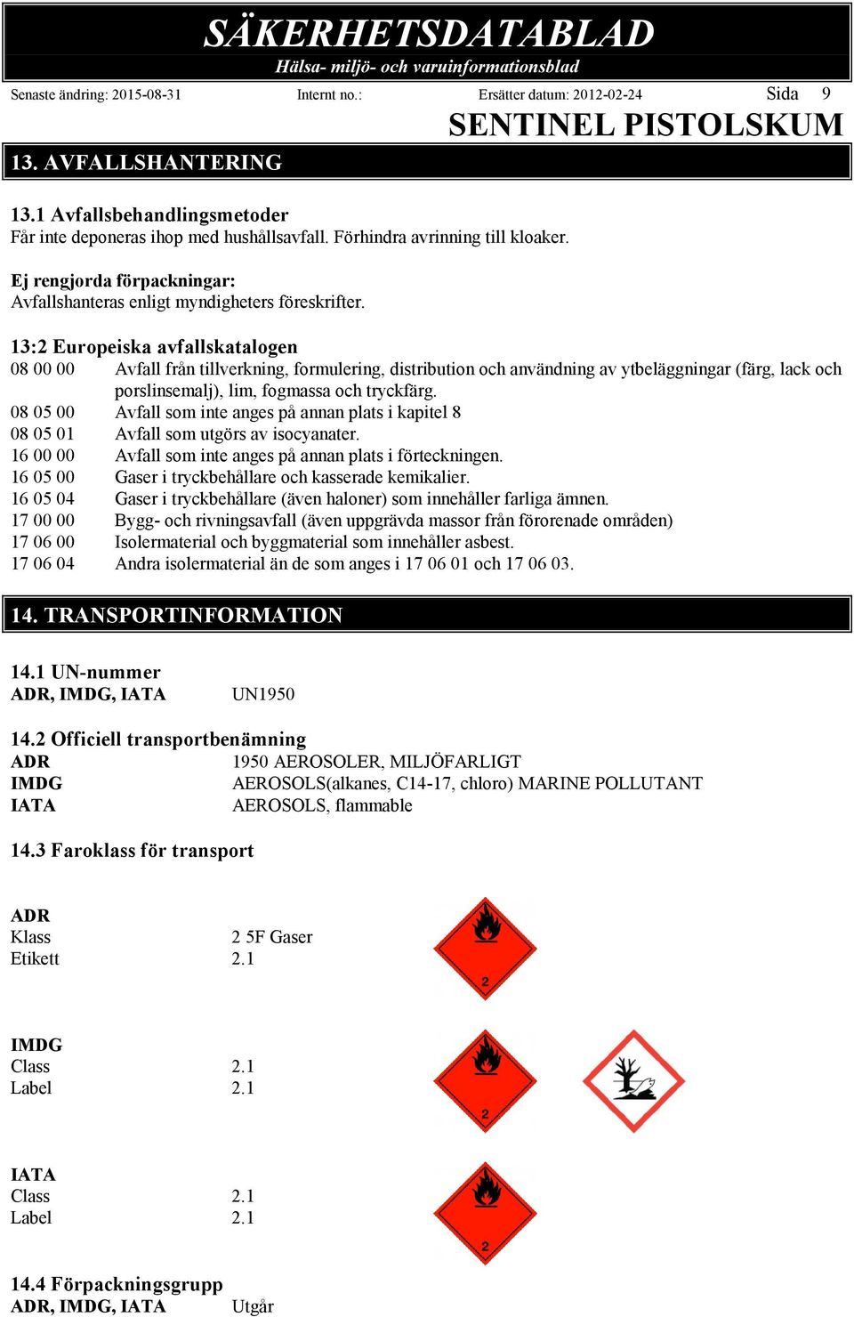 13:2 Europeiska avfallskatalogen 08 00 00 Avfall från tillverkning, formulering, distribution och användning av ytbeläggningar (färg, lack och porslinsemalj), lim, fogmassa och tryckfärg.