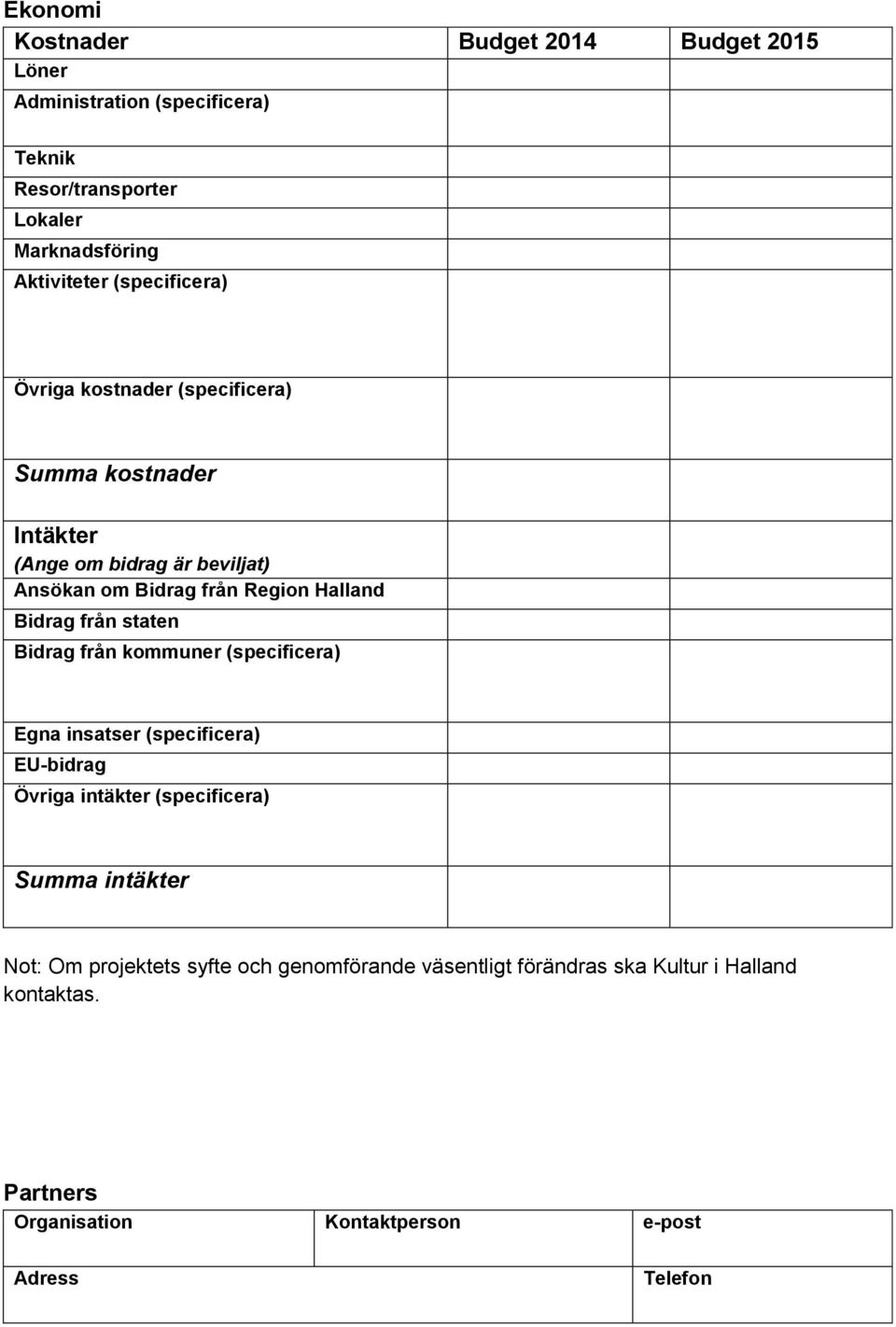 Bidrag från staten Bidrag från kommuner (specificera) Egna insatser (specificera) EU-bidrag Övriga intäkter (specificera) Summa intäkter