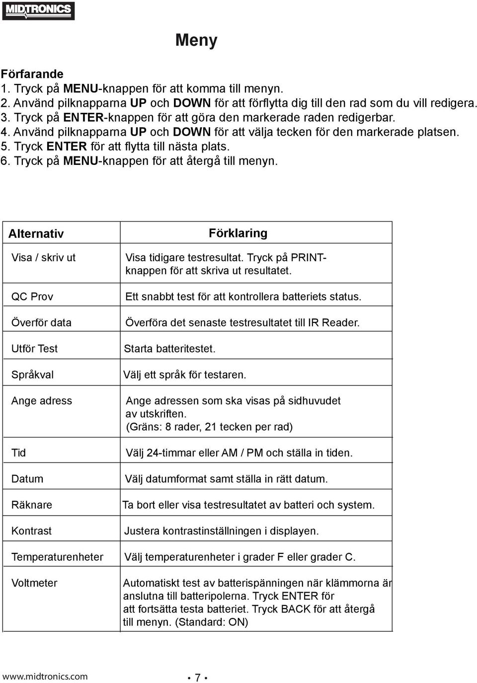 6. Tryck på MENU-knappen för att återgå till menyn. Alternativ Visa / skriv ut QC Prov Överför data Utför Test Språkval Ange adress Tid Datum Räknare Kontrast Förklaring Visa tidigare testresultat.