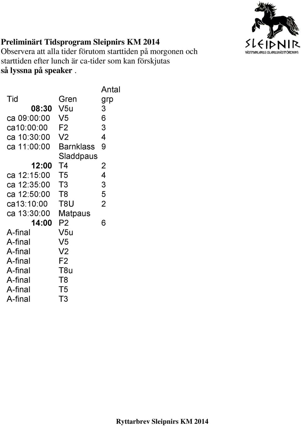 Tid Gren Antal grp 08:30 V5u 3 ca 09:00:00 V5 6 ca10:00:00 F2 3 ca 10:30:00 V2 4 ca 11:00:00 Barnklass 9 Sladdpaus 12:00