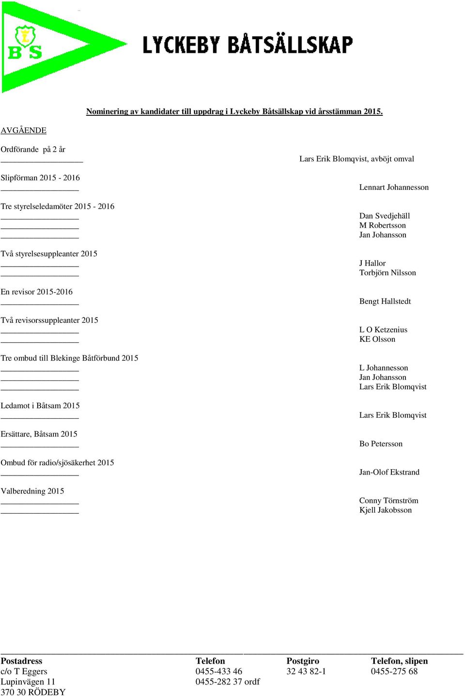 ombud till Blekinge Båtförbund 2015 Ledamot i Båtsam 2015 Ersättare, Båtsam 2015 Ombud för radio/sjösäkerhet 2015 Valberedning 2015 Lars Erik Blomqvist, avböjt omval
