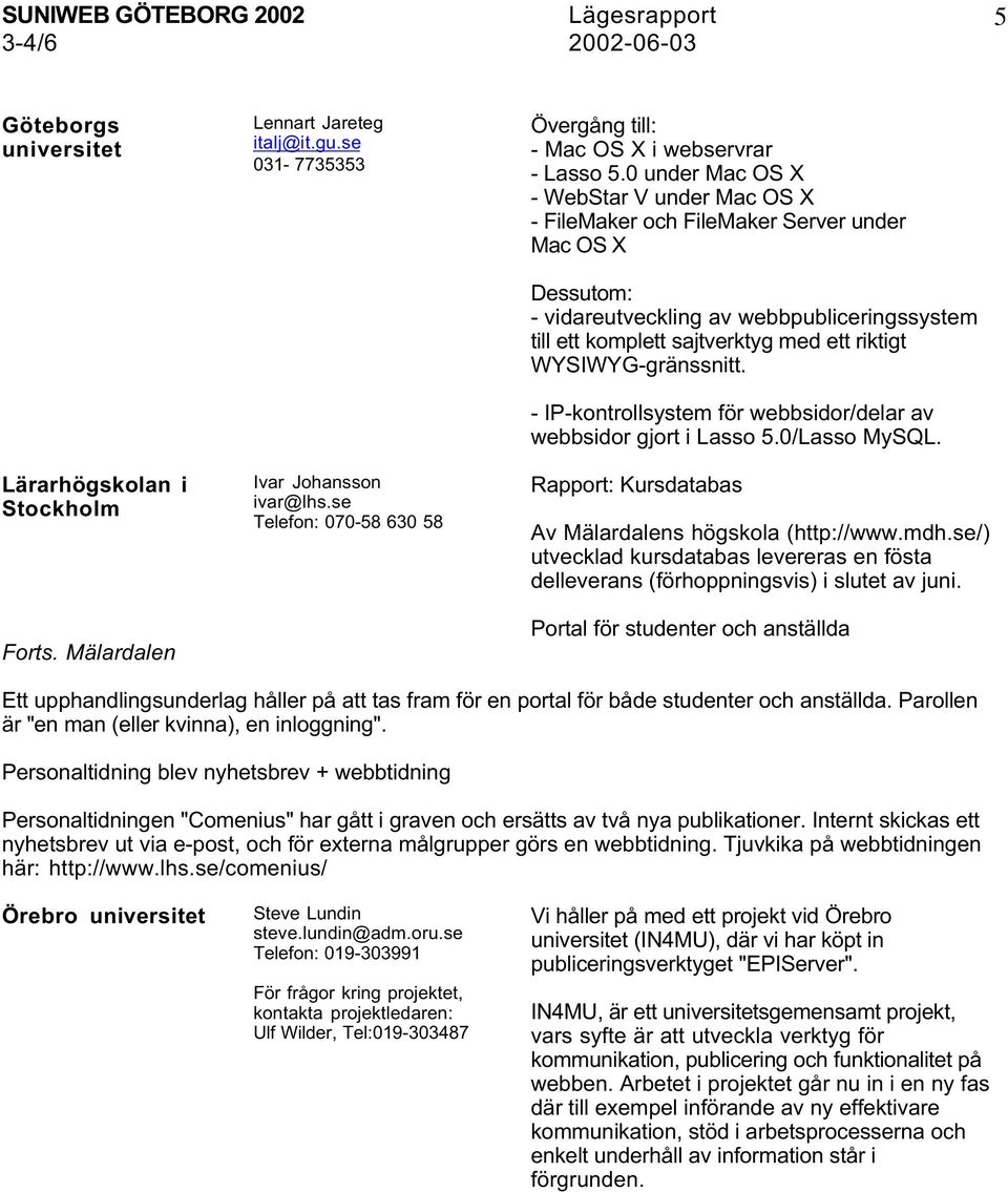 0 under Mac OS X - WebStar V under Mac OS X - FileMaker och FileMaker Server under Mac OS X Dessutom: - vidareutveckling av webbpubliceringssystem till ett komplett sajtverktyg med ett riktigt