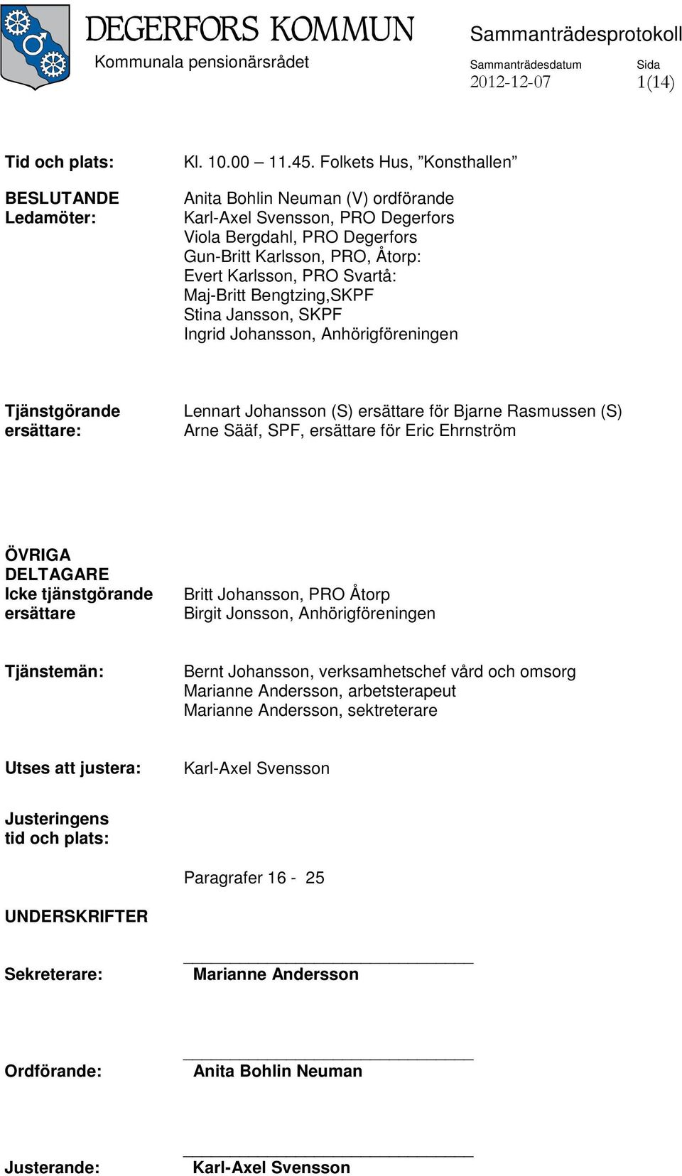 Bengtzing,SKPF Stina Jansson, SKPF Ingrid Johansson, Anhörigföreningen Tjänstgörande ersättare: Lennart Johansson (S) ersättare för Bjarne Rasmussen (S) Arne Sääf, SPF, ersättare för Eric Ehrnström