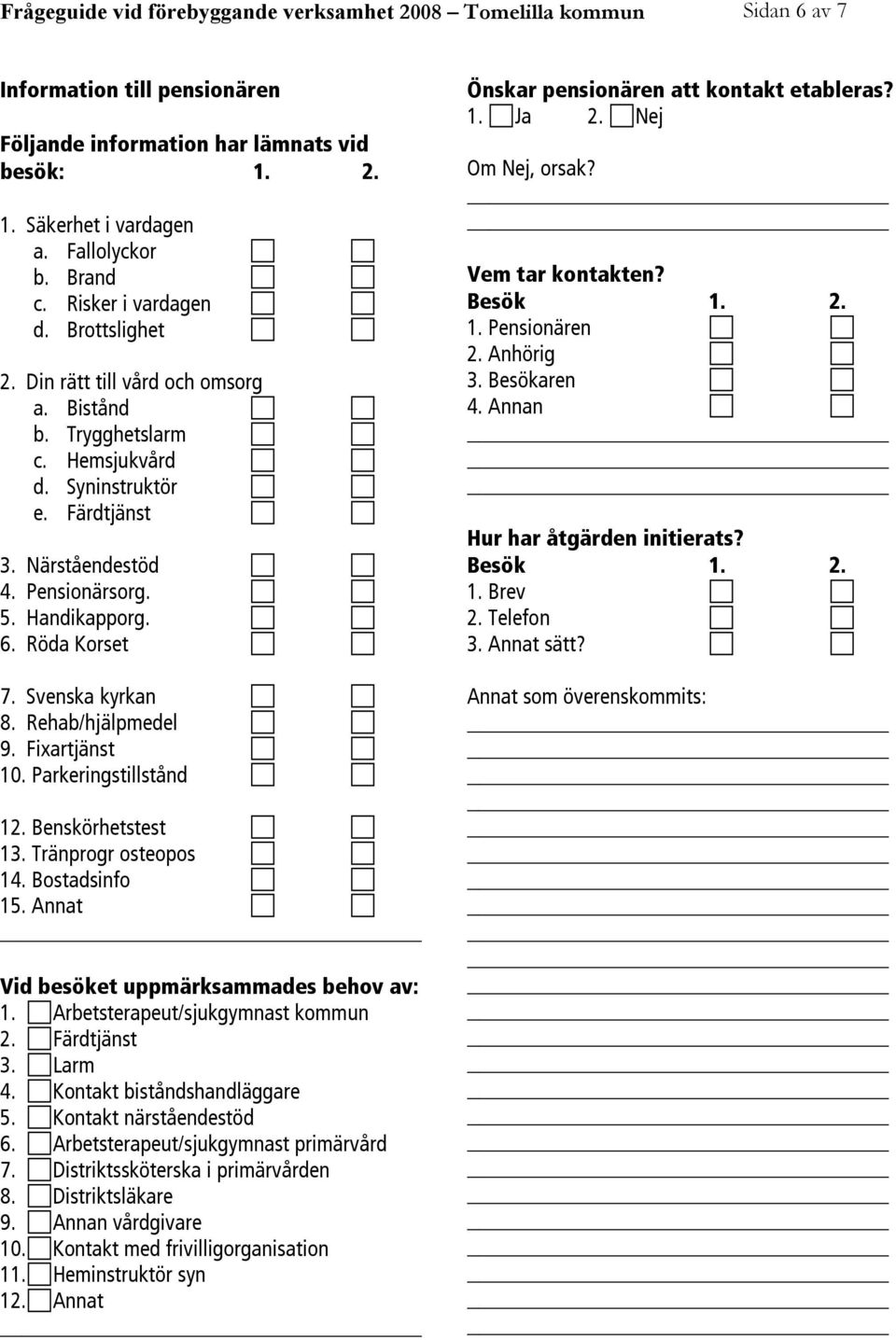 Handikapporg. 6. Röda Korset 7. Svenska kyrkan 8. Rehab/hjälpmedel 9. Fixartjänst 10. Parkeringstillstånd 12. Benskörhetstest 13. Tränprogr osteopos 14. Bostadsinfo 15.