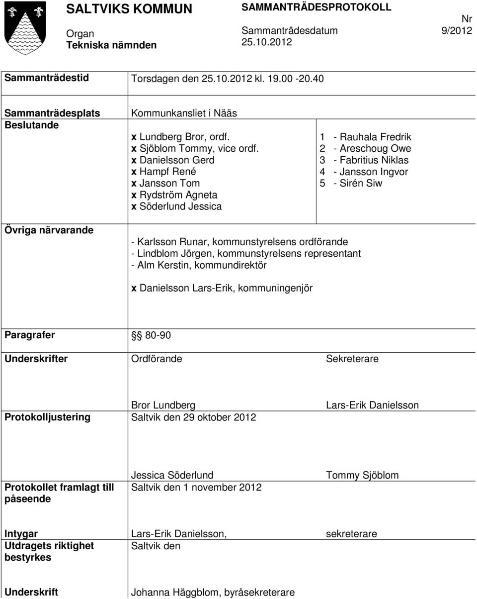 Karlsson Runar, kommunstyrelsens ordförande - Lindblom Jörgen, kommunstyrelsens representant - Alm Kerstin, kommundirektör x Danielsson Lars-Erik, kommuningenjör Paragrafer 80-90 Underskrifter