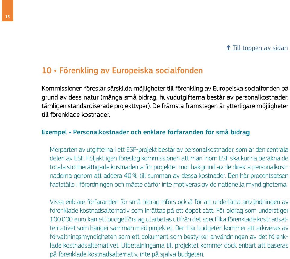 Exempel Personalkostnader och enklare förfaranden för små bidrag Merparten av utgifterna i ett ESF-projekt består av personalkostnader, som är den centrala delen av ESF.