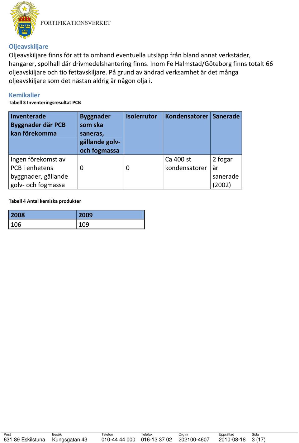 Kemikalier Tabell 3 Inventeringsresultat PCB Inventerade Byggnader där PCB kan förekomma Ingen förekomst av PCB i enhetens byggnader, gällande golv- och Byggnader som ska saneras,