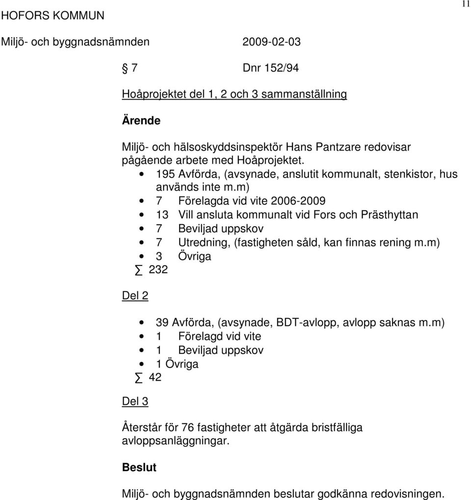 m) 7 Förelagda vid vite 2006-2009 13 Vill ansluta kommunalt vid Fors och Prästhyttan 7 Beviljad uppskov 7 Utredning, (fastigheten såld, kan finnas rening m.
