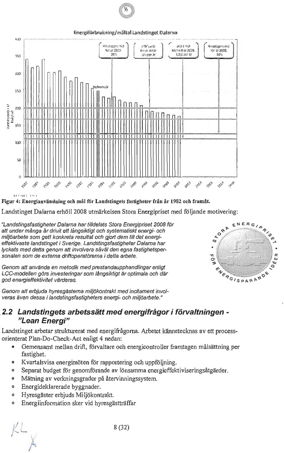 ~ :; m:1 " ", I I I I I Figur 4: Energianvändning och mål föl-landstingets fastigheter fnio år 1982 och framåt.