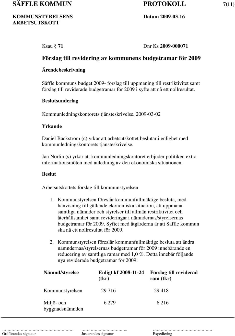 Kommunledningskontorets tjänsteskrivelse, 2009-03-02 Daniel Bäckström (c) yrkar att arbetsutskottet beslutar i enlighet med kommunledningskontorets tjänsteskrivelse.