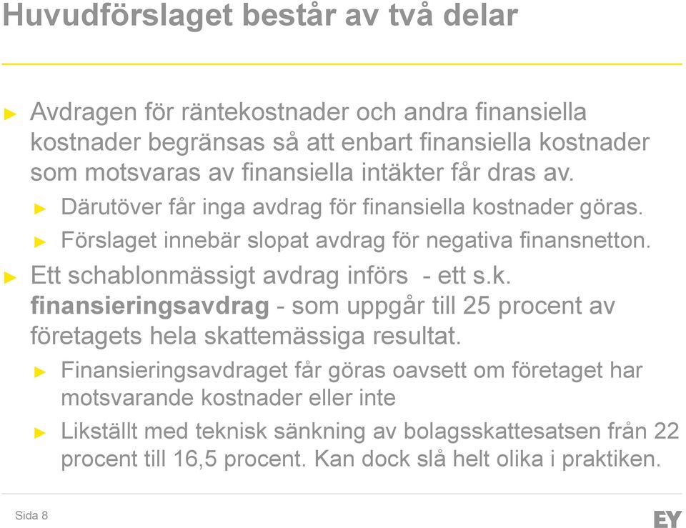 Ett schablonmässigt avdrag införs - ett s.k. finansieringsavdrag - som uppgår till 25 procent av företagets hela skattemässiga resultat.