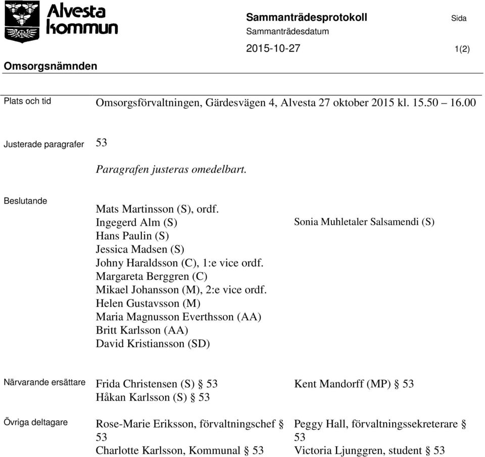 Helen Gustavsson (M) Maria Magnusson Everthsson (AA) Britt Karlsson (AA) David Kristiansson (SD) Sonia Muhletaler Salsamendi (S) Närvarande ersättare Frida Christensen (S) 53 Kent