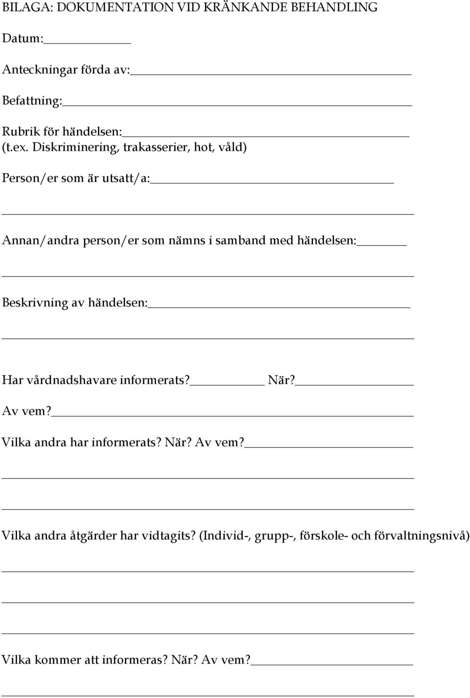 händelsen: Beskrivning av händelsen: Har vårdnadshavare informerats? När? Av vem? Vilka andra har informerats? När? Av vem? Vilka andra åtgärder har vidtagits?