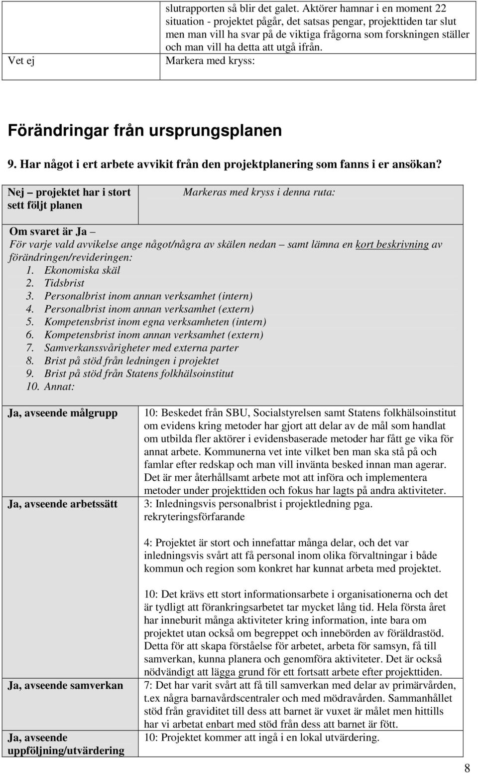 ifrån. Markera med kryss: Förändringar från ursprungsplanen 9. Har något i ert arbete avvikit från den projektplanering som fanns i er ansökan?