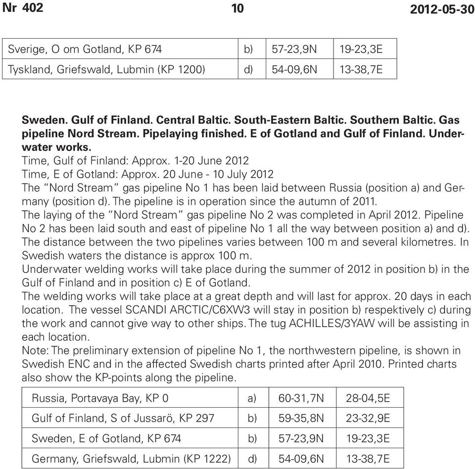 20 June - 10 July 2012 The Nord Stream gas pipeline No 1 has been laid between Russia (position a) and Germany (position d). The pipeline is in operation since the autumn of 2011.