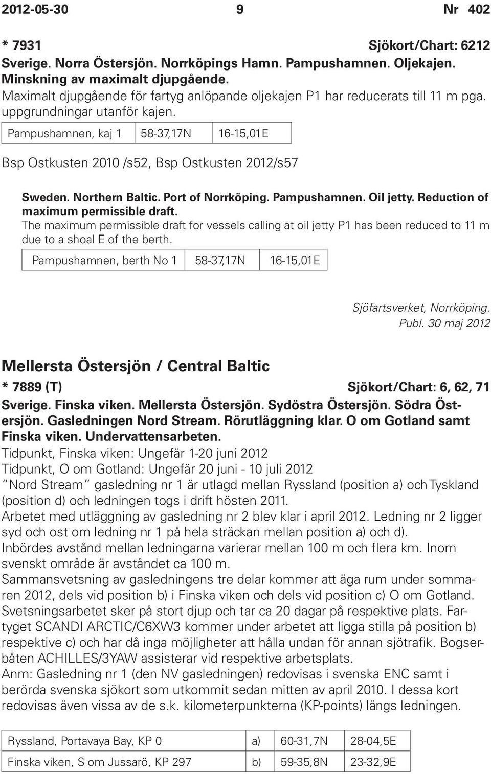 Pampushamnen, kaj 1 58-37,17N 16-15,01E Bsp Ostkusten 2010 /s52, Bsp Ostkusten 2012/s57 Sweden. Northern Baltic. Port of Norrköping. Pampushamnen. Oil jetty. Reduction of maximum permissible draft.