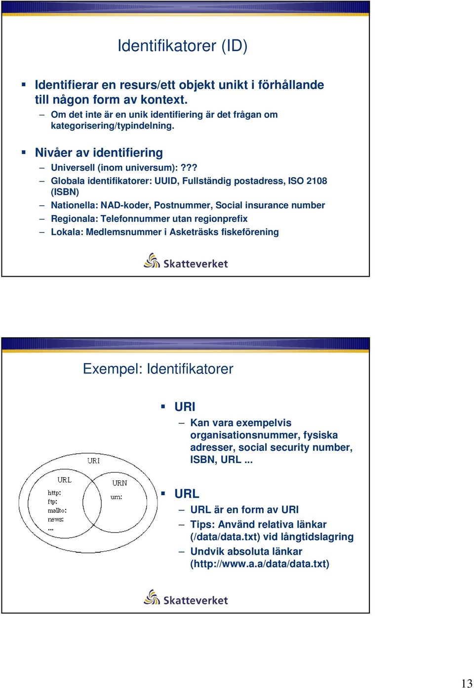 ?? Globala identifikatorer: UUID, Fullständig postadress, ISO 2108 (ISBN) Nationella: NAD-koder, Postnummer, Social insurance number Regionala: Telefonnummer utan regionprefix Lokala: