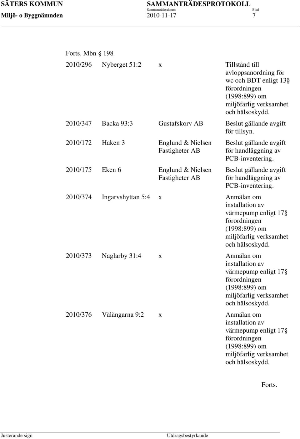 2010/172 Haken 3 Englund & Nielsen Fastigheter AB 2010/175 Eken 6 Englund & Nielsen Fastigheter AB Beslut gällande avgift för handläggning av PCB-inventering.