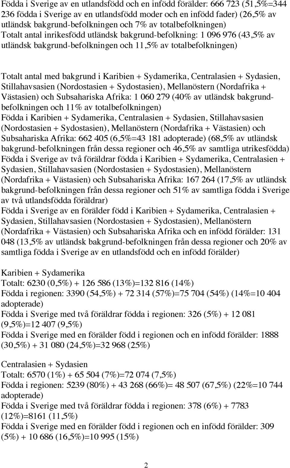 Sydamerika, Centralasien + Sydasien, Stillahavsasien (Nordostasien + Sydostasien), Mellanöstern (Nordafrika + Västasien) och Subsahariska Afrika: 1 060 279 (40% av utländsk bakgrundbefolkningen och