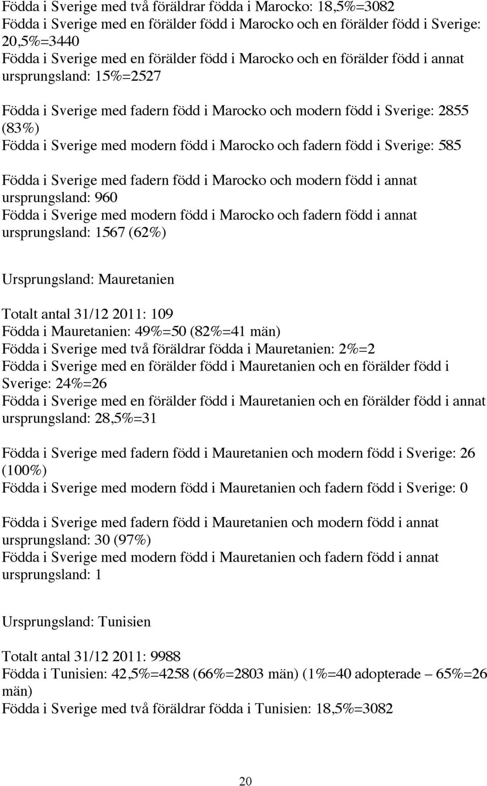 Sverige: 585 Födda i Sverige med fadern född i Marocko och modern född i annat ursprungsland: 960 Födda i Sverige med modern född i Marocko och fadern född i annat ursprungsland: 1567 (62%)