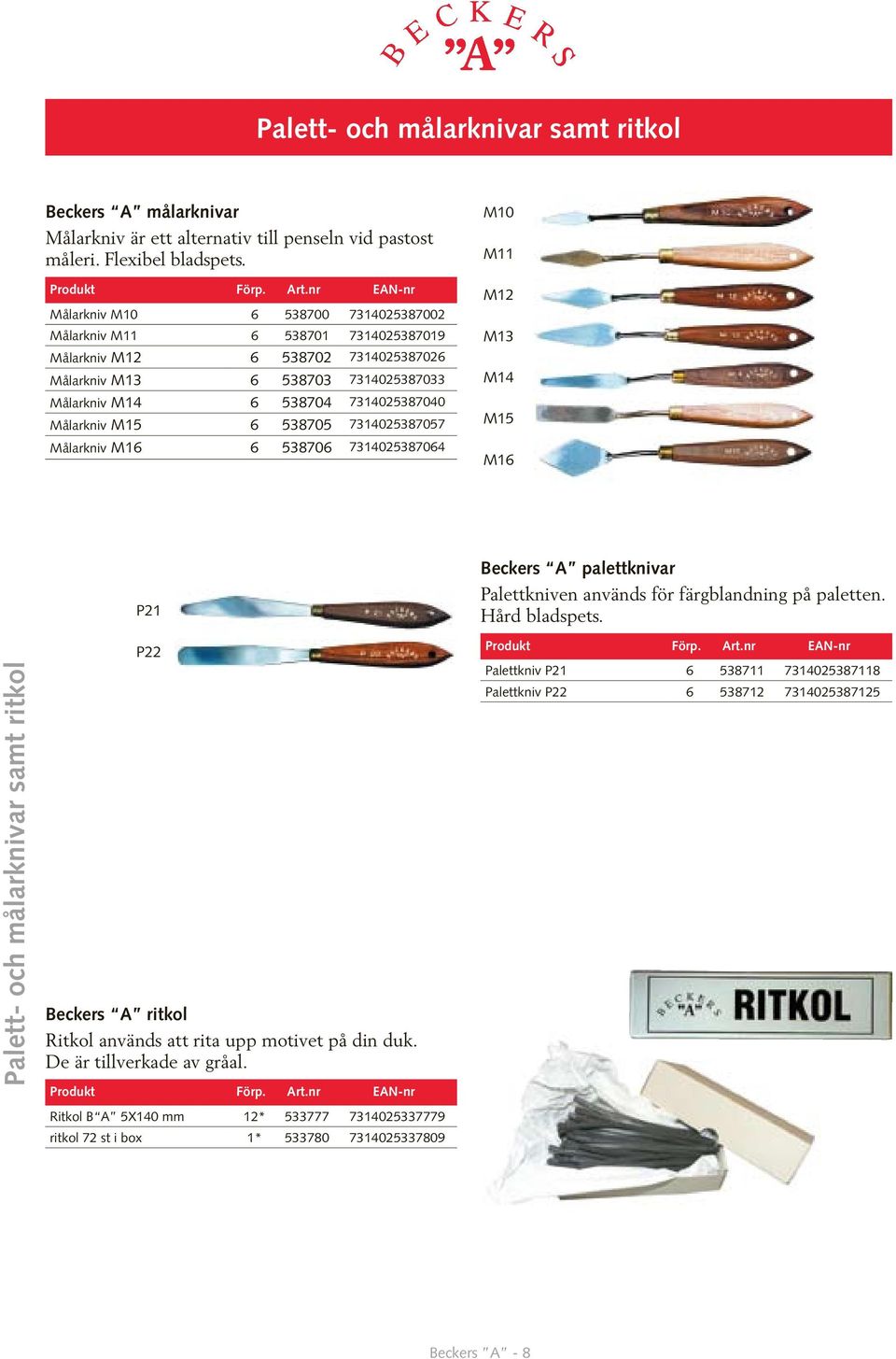 Målarkniv M15 6 538705 7314025387057 Målarkniv M16 6 538706 7314025387064 M10 M11 M12 M13 M14 M15 M16 P21 Beckers A palettknivar Palettkniven används för färgblandning på paletten. Hård bladspets.