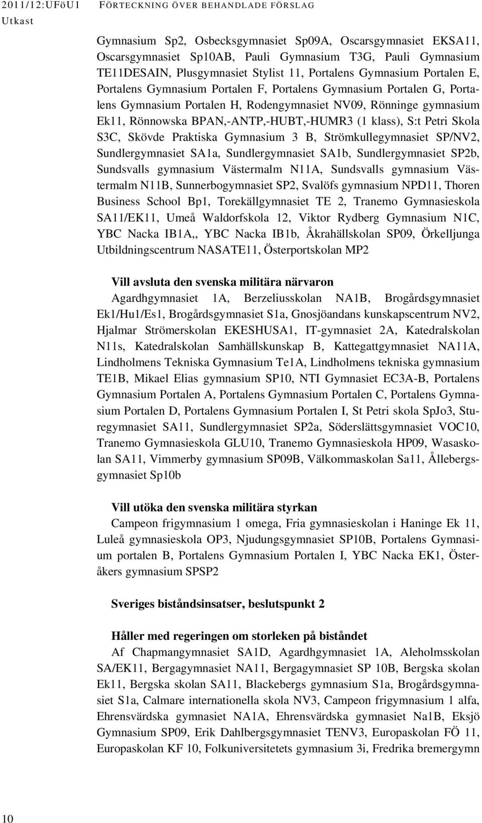 BPAN,-ANTP,-HUBT,-HUMR3 (1 klass), S:t Petri Skola S3C, Skövde Praktiska Gymnasium 3 B, Strömkullegymnasiet SP/NV2, Sundlergymnasiet SA1a, Sundlergymnasiet SA1b, Sundlergymnasiet SP2b, Sundsvalls