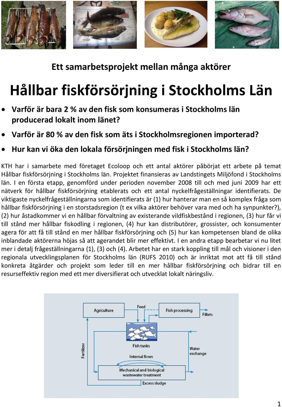 KTH har i samarbete med företaget Ecoloop och ett antal aktörer påbörjat ett arbete på temat Hållbar fiskförsörjning i Stockholms län. Projektet finansieras av Landstingets Miljöfond i Stockholms län.