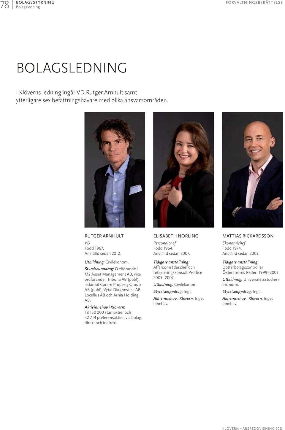 Styrelseuppdrag: Ordförande i M2 Asset Management AB, vice ordförande i Tribona AB (publ), ledamot Corem Property Group AB (publ), Vytal Diagnostics AB, Locellus AB och Arnia Holding AB.