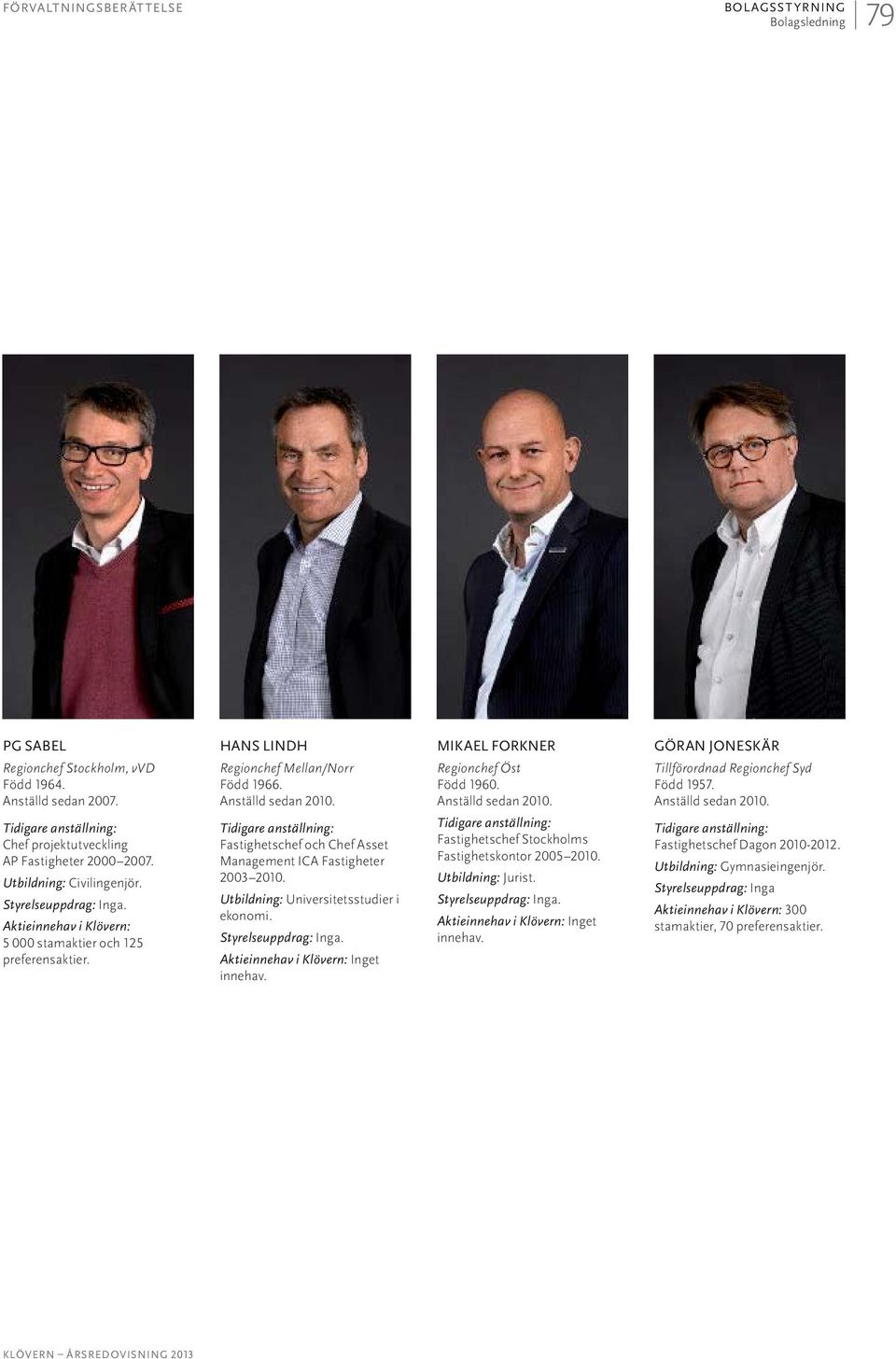 Tidigare anställning: Fastighetschef och Chef Asset Management ICA Fastigheter 2003 2010. Utbildning: Universitetsstudier i ekonomi. Styrelseuppdrag: Inga. Aktieinnehav i Klövern: Inget innehav.