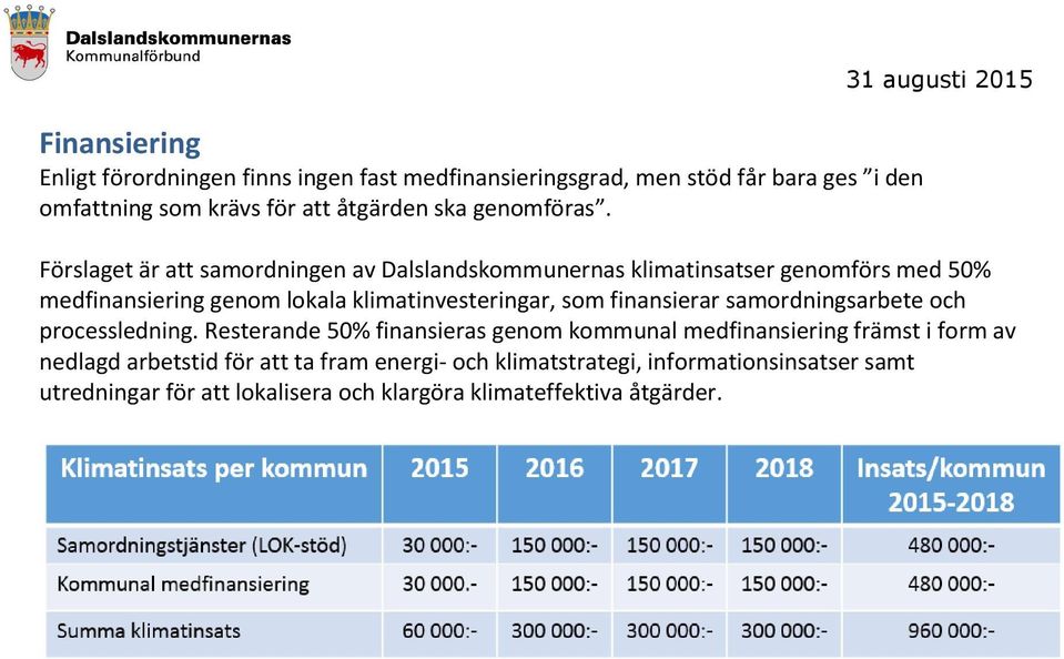 31 augusti 2015 Förslaget är att samordningen av Dalslandskommunernas klimatinsatser genomförs med 50% medfinansiering genom lokala