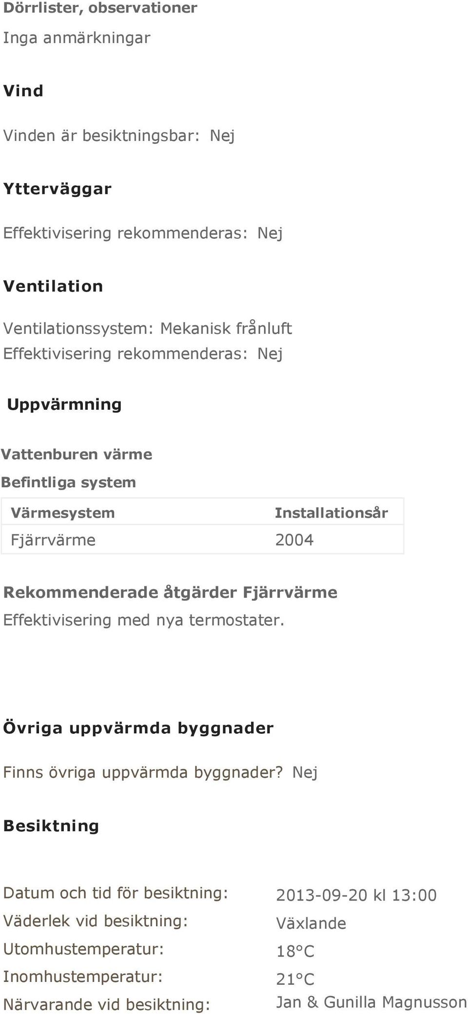 Rekommenderade åtgärder Fjärrvärme Effektivisering med nya termostater. Övriga uppvärmda byggnader Finns övriga uppvärmda byggnader?