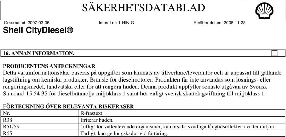 Bränsle för dieselmotorer. Produkten får inte användas som lösnings- eller rengöringsmedel, tändvätska eller för att rengöra huden.