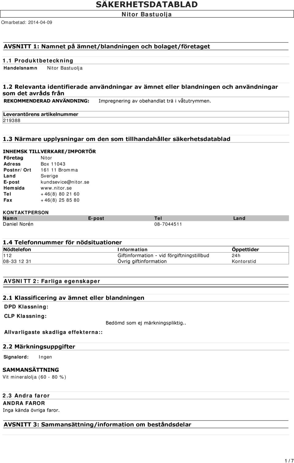 Leverantörens artikelnummer 219388 1.