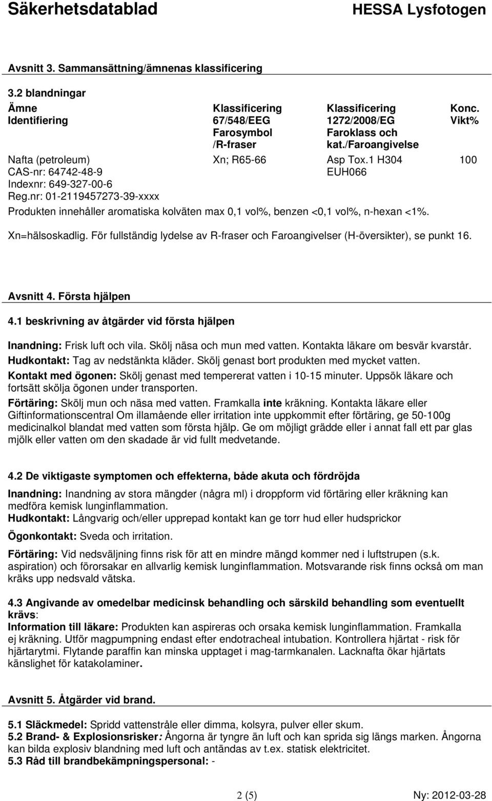 1 H304 EUH066 Produkten innehåller aromatiska kolväten max 0,1 vol%, benzen <0,1 vol%, n-hexan <1%. Konc. Vikt% 100 Xn=hälsoskadlig.