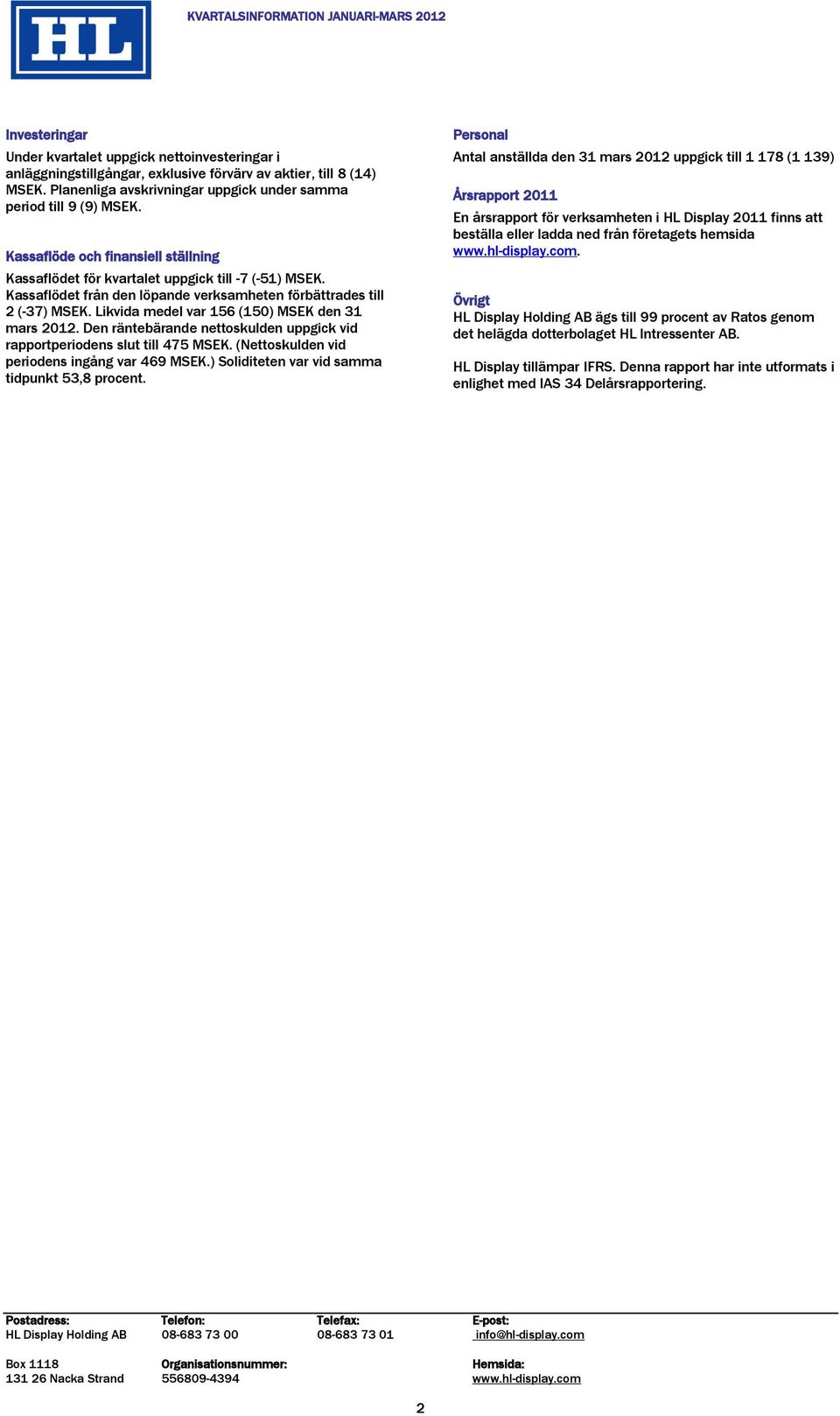 Likvida medel var 156 (150) MSEK den 31 mars 2012. Den räntebärande nettoskulden uppgick vid rapportperiodens slut till 475 MSEK. (Nettoskulden vid periodens ingång var 469 MSEK.