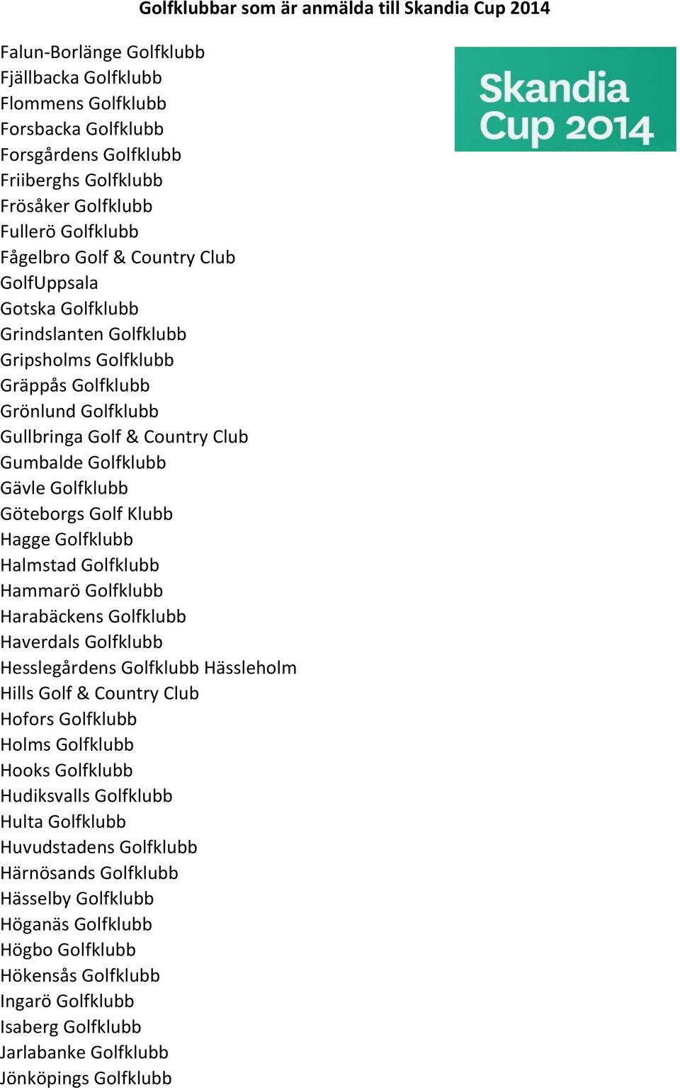 Hagge Golfklubb Halmstad Golfklubb Hammarö Golfklubb Harabäckens Golfklubb Haverdals Golfklubb Hesslegårdens Golfklubb Hässleholm Hills Golf & Country Club Hofors Golfklubb Holms Golfklubb Hooks