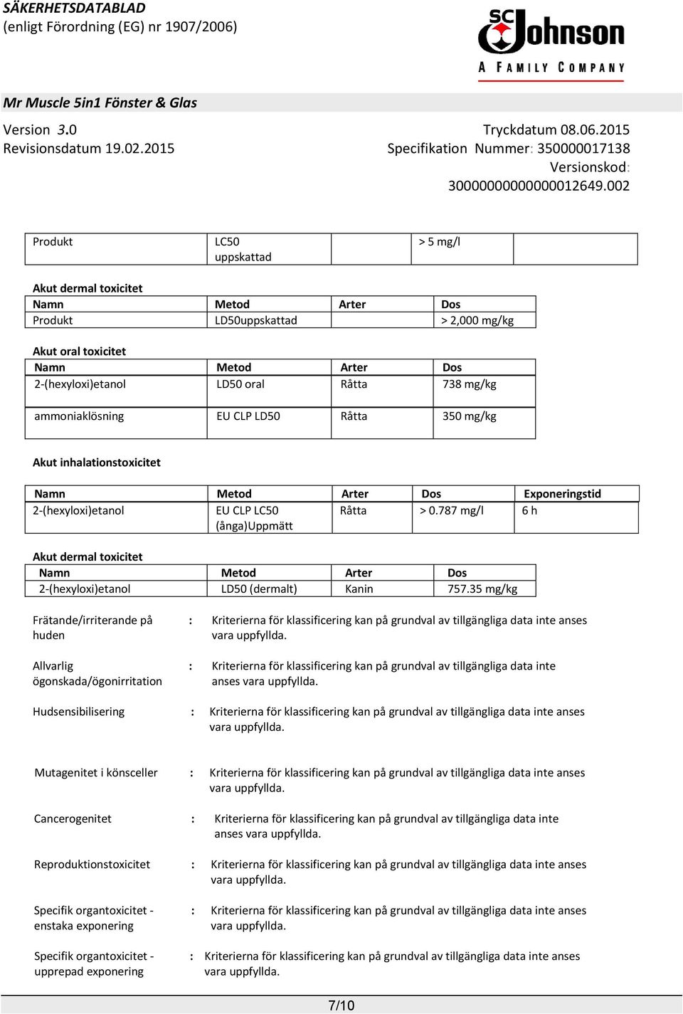 787 mg/l 6 h (ånga)uppmätt Akut dermal toxicitet Namn Metod Arter Dos 2-(hexyloxi)etanol LD50 (dermalt) Kanin 757.