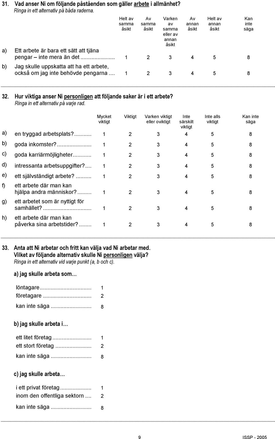 Ringa in ett alternativ på varje rad. Mycket viktigt Viktigt Varken viktigt eller oviktigt Inte särskilt viktigt Inte alls viktigt a) en tryggad arbetsplats?... 1 2 3 4 5 8 b) goda inkomster?