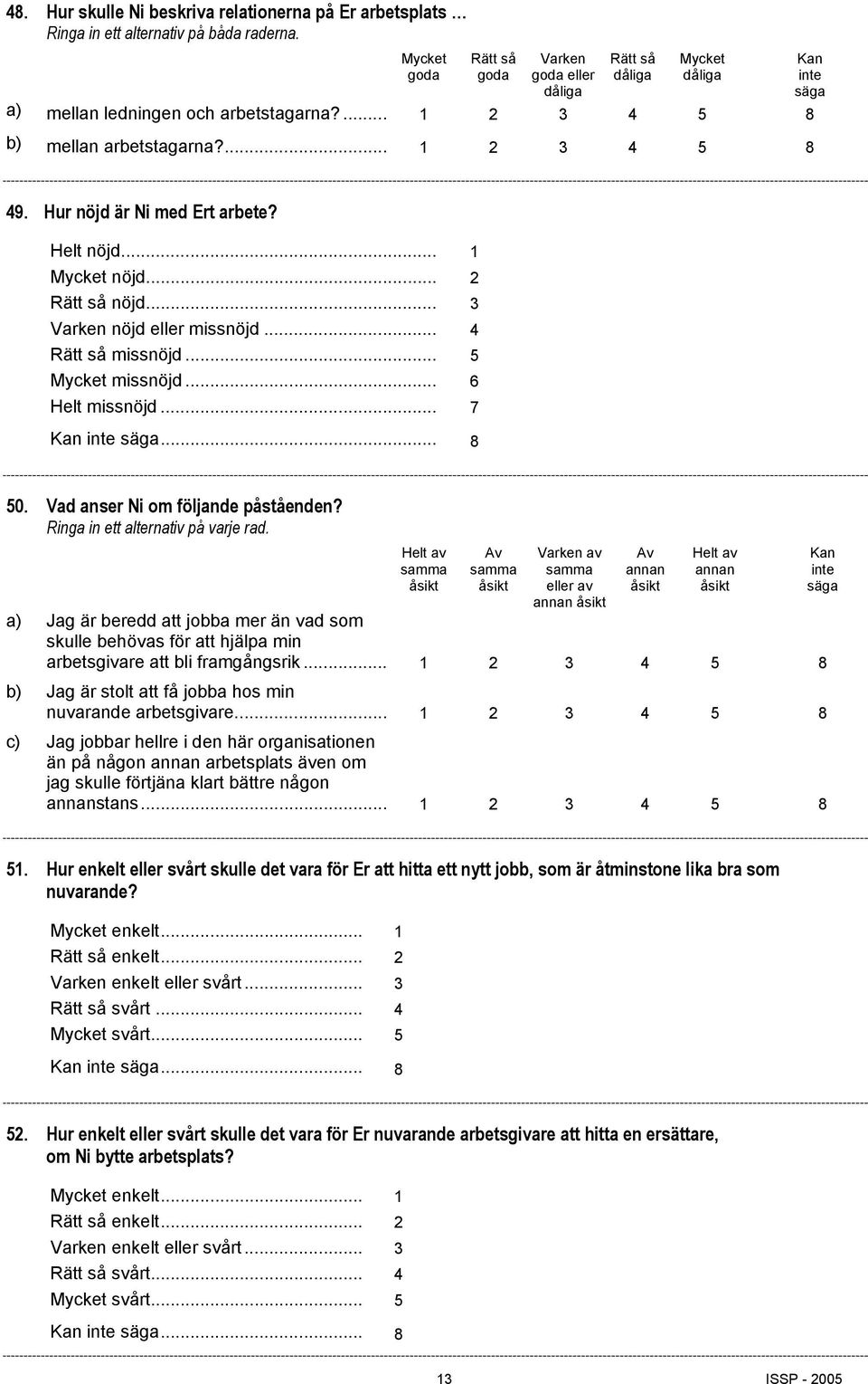 Hur nöjd är Ni med Ert arbete? Helt nöjd... 1 Mycket nöjd... 2 Rätt så nöjd... 3 Varken nöjd eller missnöjd... 4 Rätt så missnöjd... 5 Mycket missnöjd... 6 Helt missnöjd... 7... 8 50.