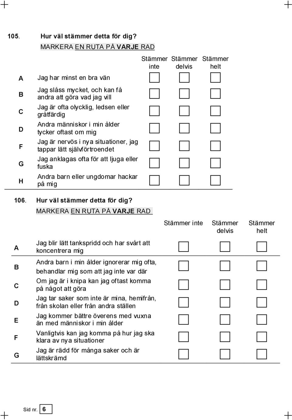 eller gråtfärdig Andra människor i min ålder tycker oftast om mig Jag är nervös i nya situationer, jag tappar lätt självförtroendet Jag anklagas ofta för att ljuga eller fuska Andra barn eller