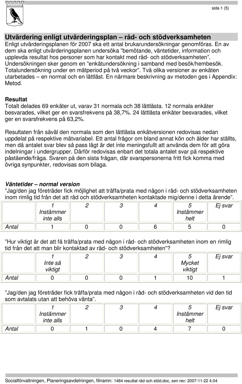 Undersökningen sker genom en enkätundersökning i samband med besök/hembesök. Totalundersökning under en mätperiod på två veckor. Två olika versioner av enkäten utarbetades en normal och en lättläst.