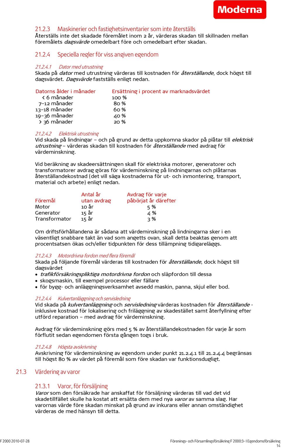 Dagsvärde fastställs enligt nedan. Datorns ålder i månader Ersättning i procent av marknadsvärdet < 6 månader 100 % 7 12 månader 80 % 13 18 månader 60 % 19 36 månader 40