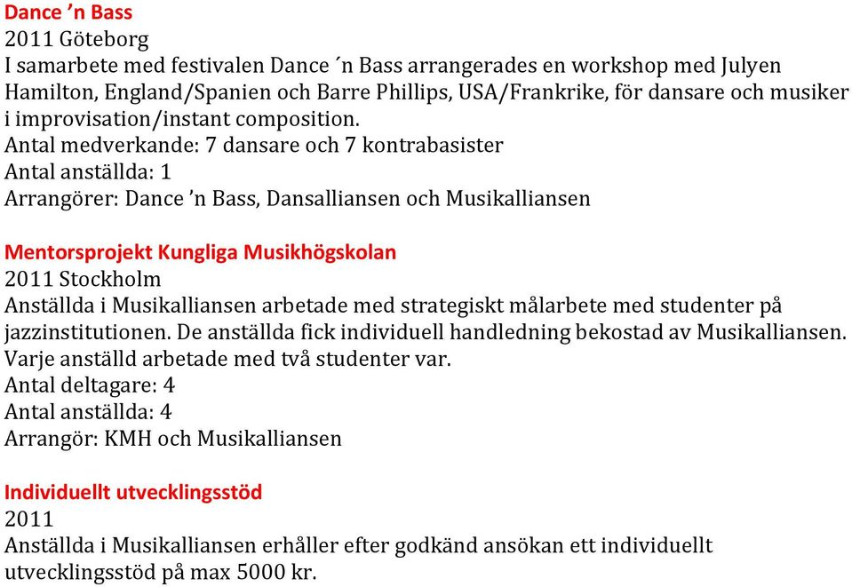 Antal medverkande: 7 dansare och 7 kontrabasister Antal anställda: 1 Arrangörer: Dance n Bass, Dansalliansen och Musikalliansen Mentorsprojekt Kungliga Musikhögskolan Stockholm Anställda i