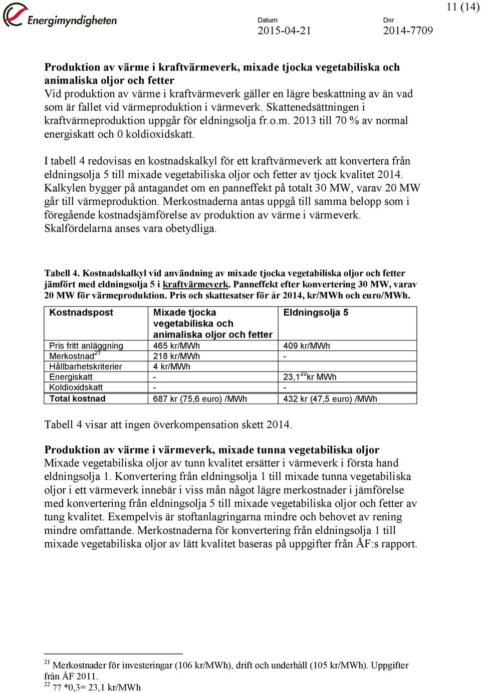 I tabell 4 redovisas en kostnadskalkyl för ett kraftvärmeverk att konvertera från eldningsolja 5 till mixade vegetabiliska oljor och fetter av tjock kvalitet 2014.