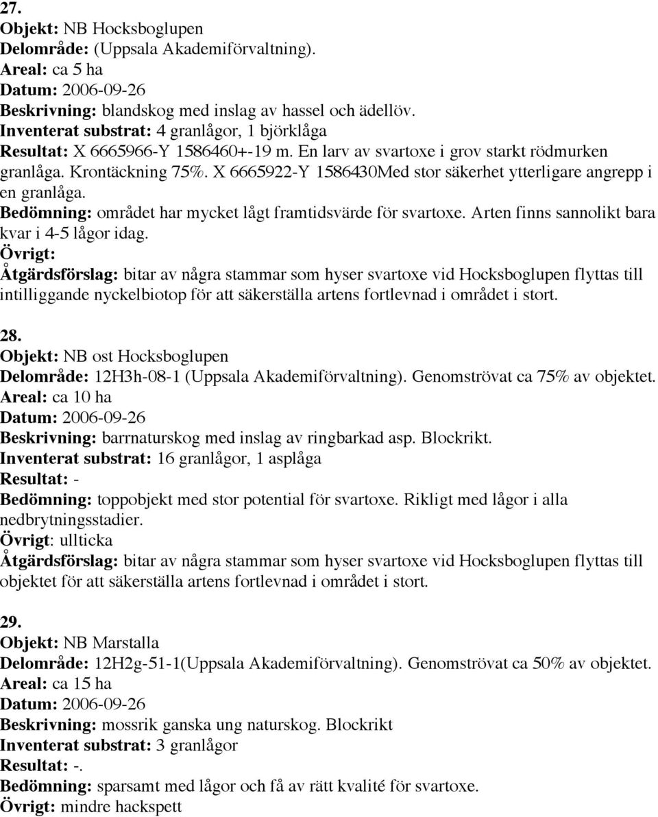 X 6665922-Y 1586430Med stor säkerhet ytterligare angrepp i en granlåga. Bedömning: området har mycket lågt framtidsvärde för svartoxe. Arten finns sannolikt bara kvar i 4-5 lågor idag.