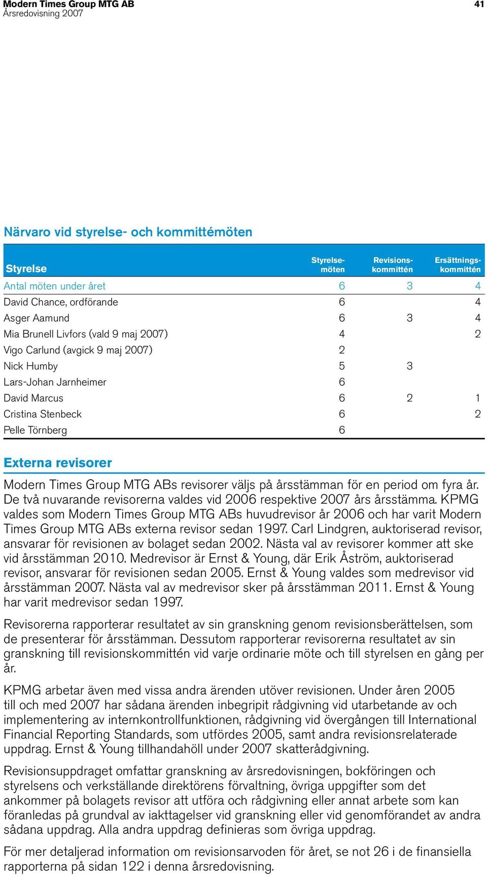 Externa revisorer Modern Times Group MTG ABs revisorer väljs på årsstämman för en period om fyra år. De två nuvarande revisorerna valdes vid 2006 respektive 2007 års årsstämma.