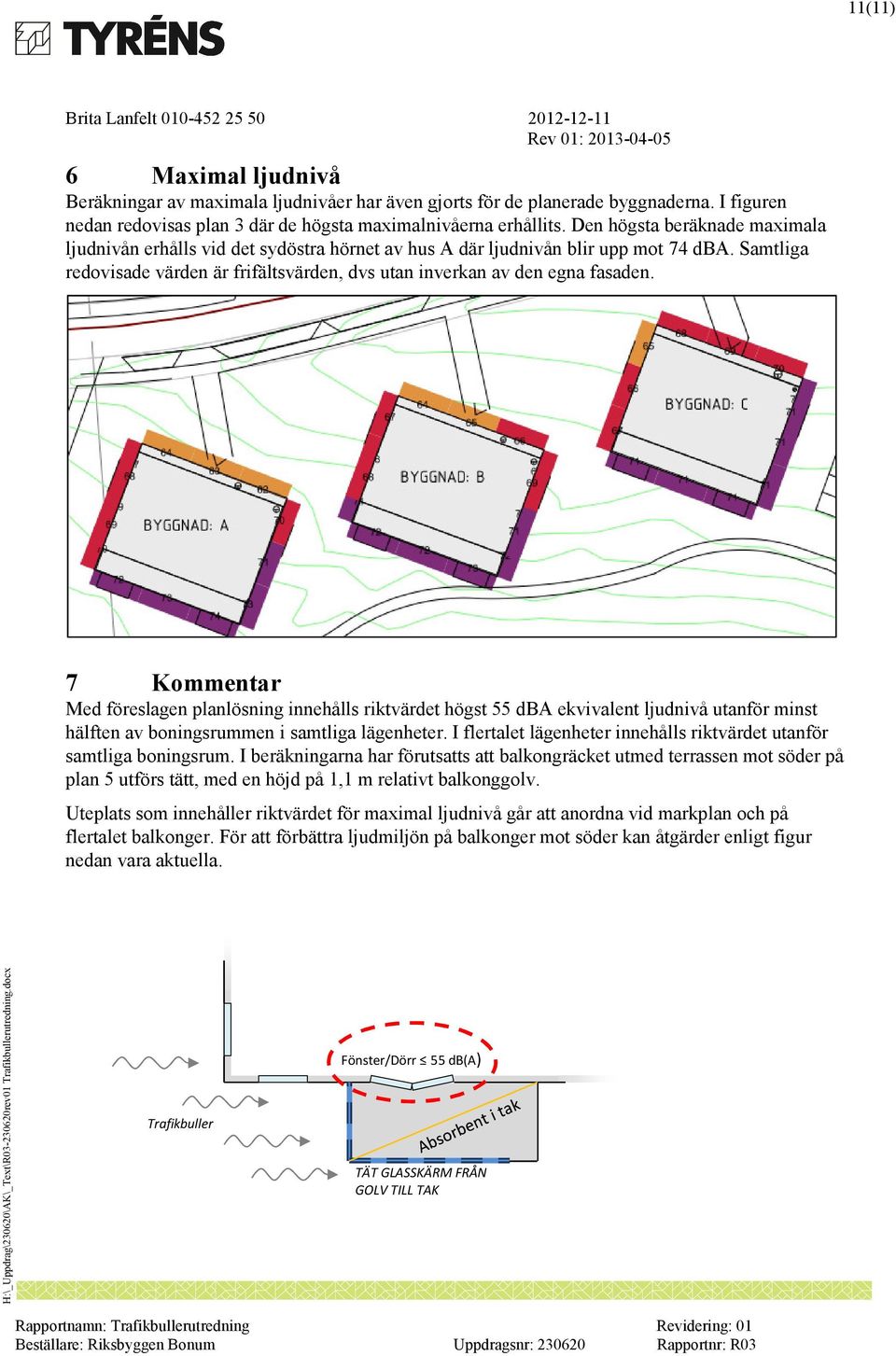 7 Kommentar Med föreslagen planlösning innehålls riktvärdet högst 55 dba ekvivalent ljudnivå utanför minst hälften av boningsrummen i samtliga lägenheter.