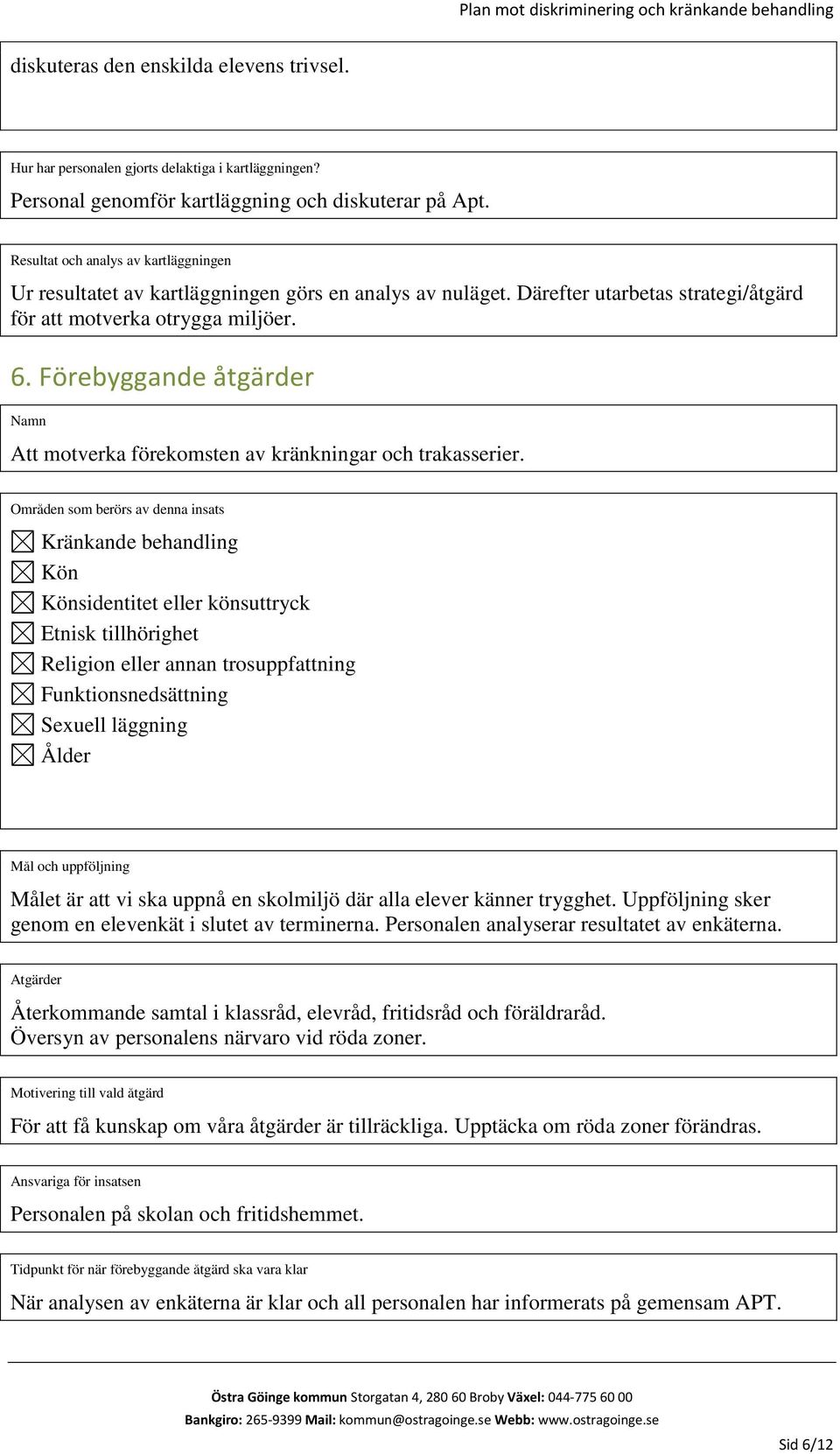 Förebyggande åtgärder Namn Att motverka förekomsten av kränkningar och trakasserier.