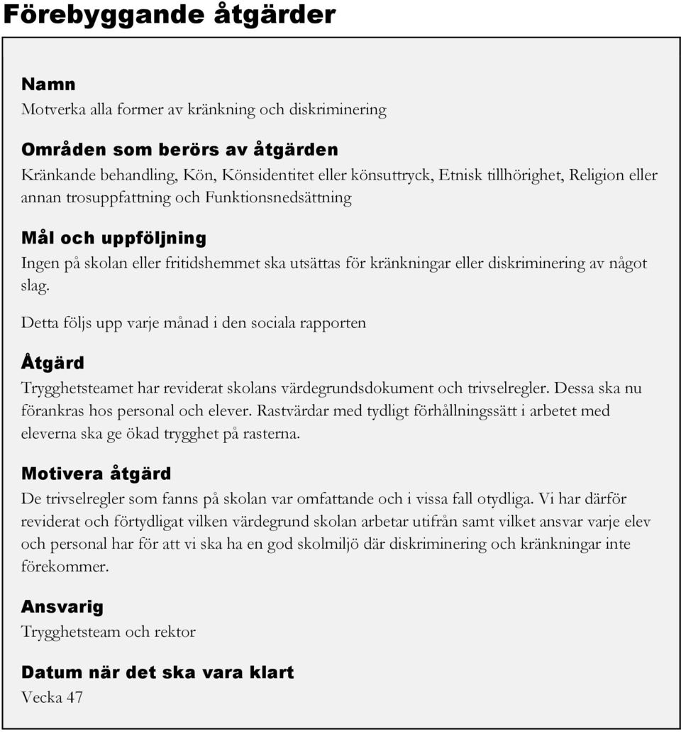 Detta följs upp varje månad i den sociala rapporten Åtgärd Trygghetsteamet har reviderat skolans värdegrundsdokument och trivselregler. Dessa ska nu förankras hos personal och elever.